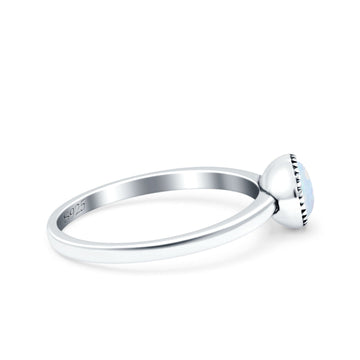 Petite Dainty Lab Opal Ring Solid Round Oxidized Lab Created White Opal 925 Sterling Silver